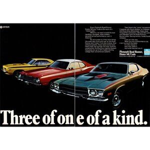 1973 Plymouth Road Runner Duster 340 Barracuda 2 Page Vintage Print Ad Wall Art
